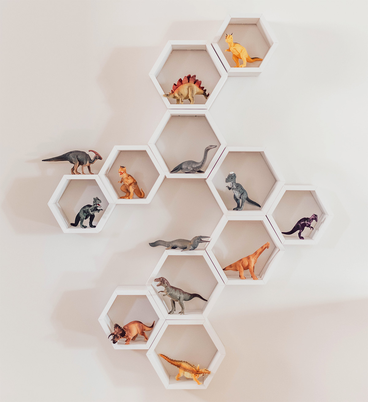 CanadianTireFLoatingShelves, hexagon floating shelves, interesting way to display kids toys